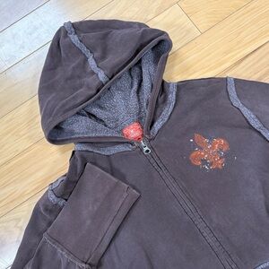 VTG Lucky Brand Zip Up Hoodie Womens Sz M Brown Fleur-de-lis Y2K Sweatshirt